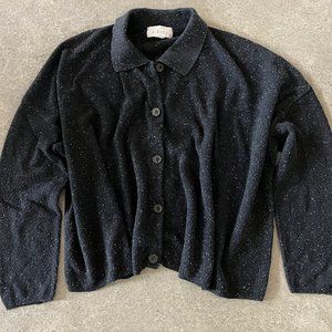 J.Jill-Medium Oversized/Relaxed Fit-Cardigan-Black Tweed-Cotton Blend
